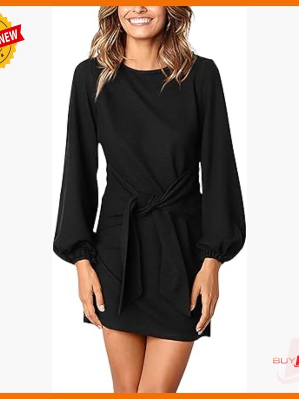 Long Sleeve Knit Cocktail Dress with Tie Waist and Lantern Sleeves